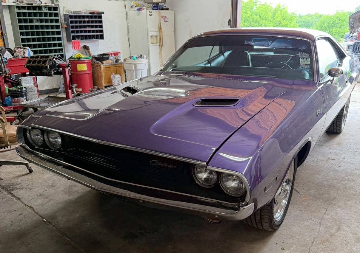 Purple Dodge Challenger at the Foulks Performance shop